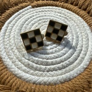 KARL LAGERFELD Vintage Earrings Clips Chess Enamel Gold Metal 80s France